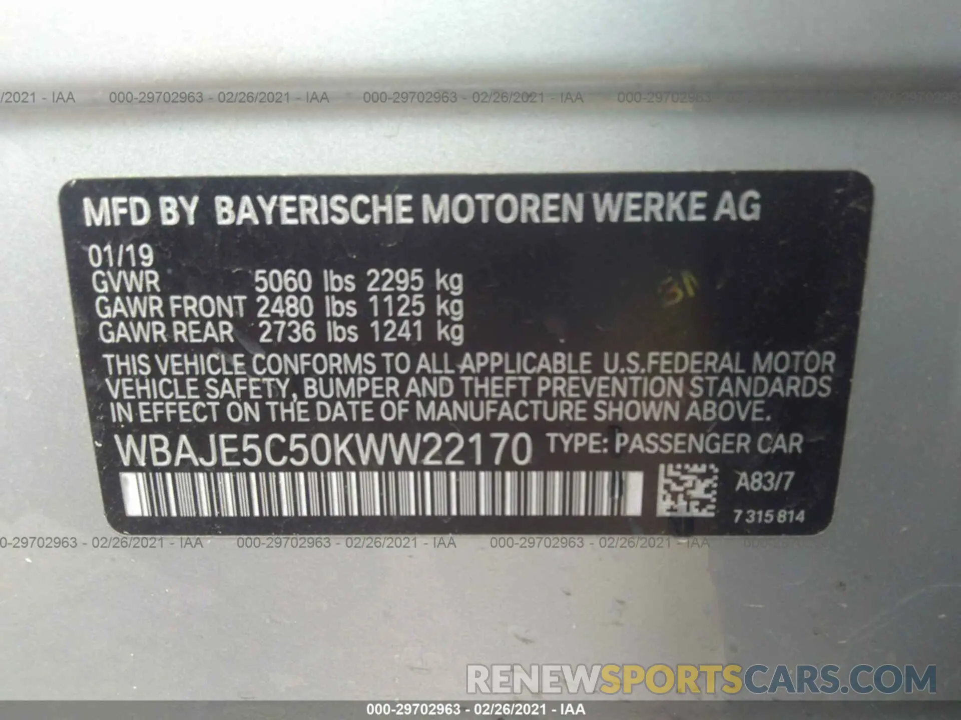 9 fotografías del automóvil dañado WBAJE5C50KWW22170 BMW 5 SERIES 2019
