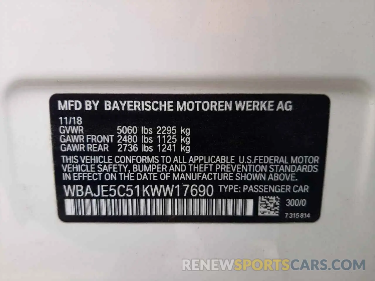 10 fotografías del automóvil dañado WBAJE5C51KWW17690 BMW 5 SERIES 2019