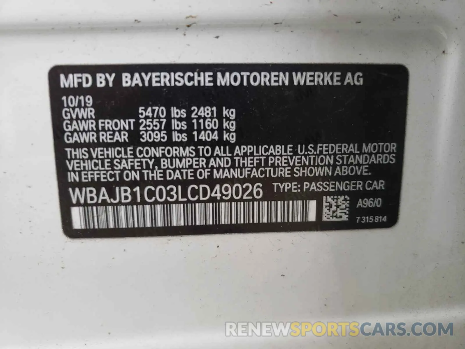 10 fotografías del automóvil dañado WBAJB1C03LCD49026 BMW 5 SERIES 2020