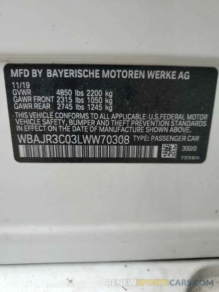 13 fotografías del automóvil dañado WBAJR3C03LWW70308 BMW 5 SERIES 2020