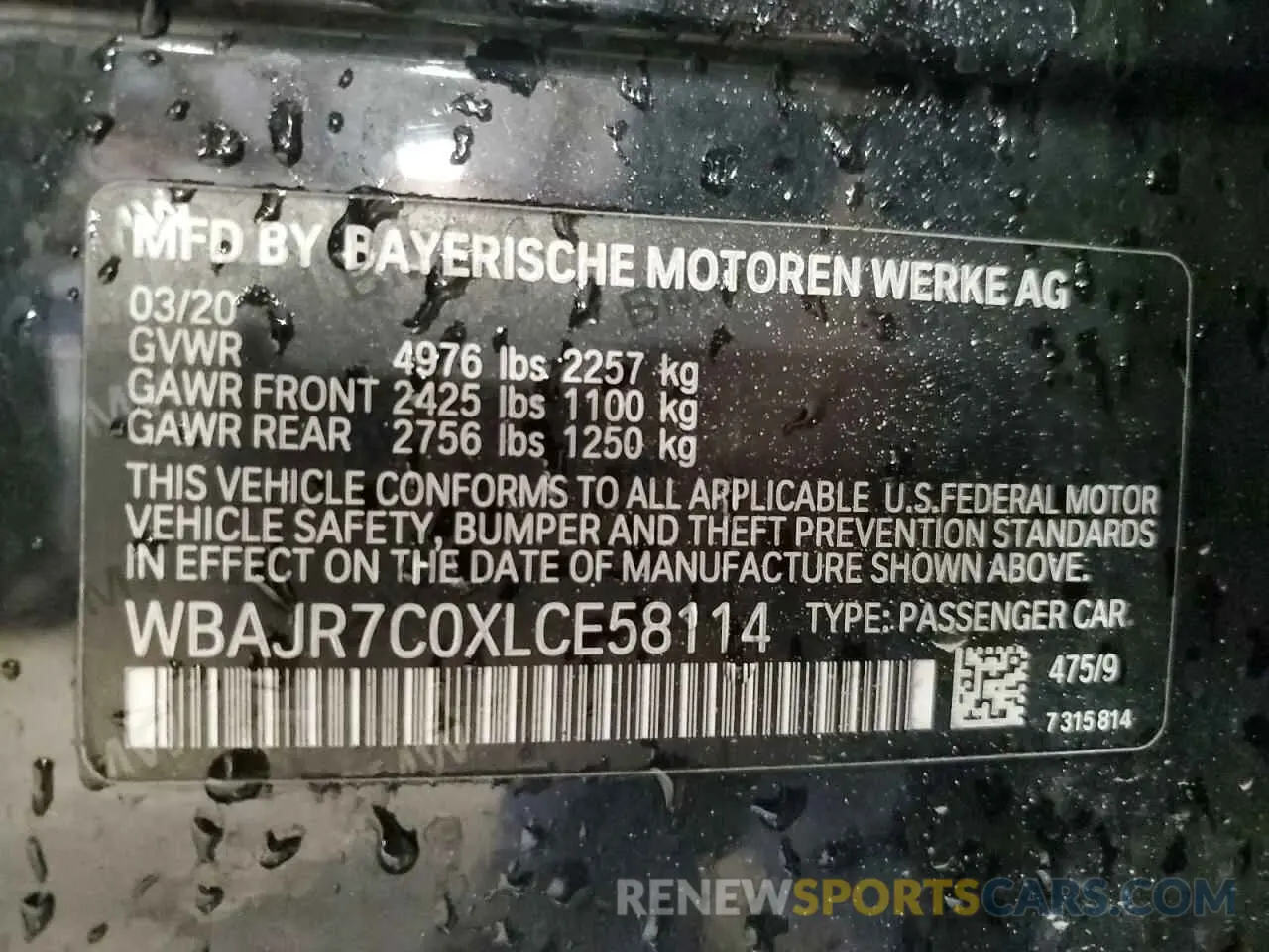 12 fotografías del automóvil dañado WBAJR7C0XLCE58114 BMW 5 SERIES 2020
