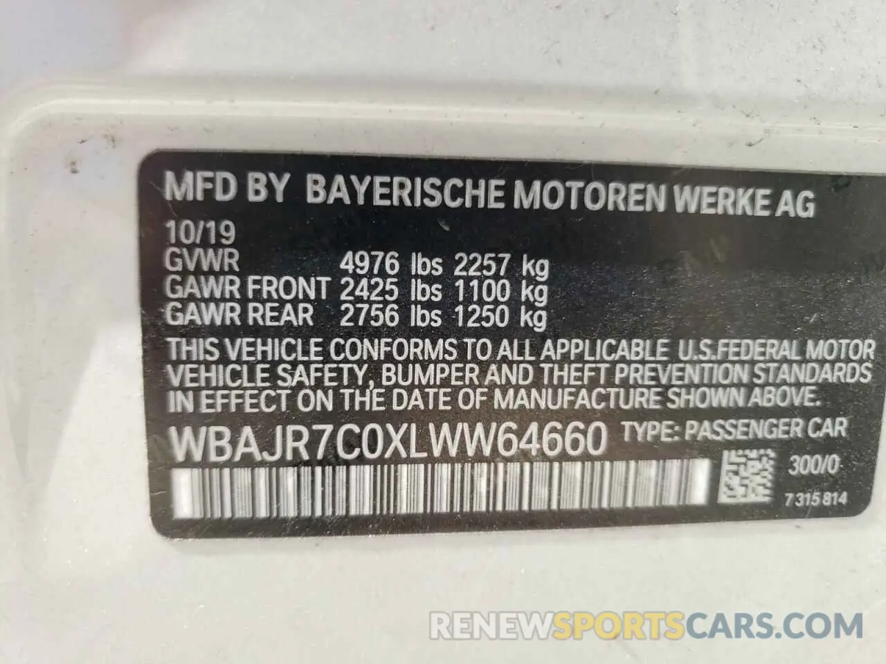 10 fotografías del automóvil dañado WBAJR7C0XLWW64660 BMW 5 SERIES 2020