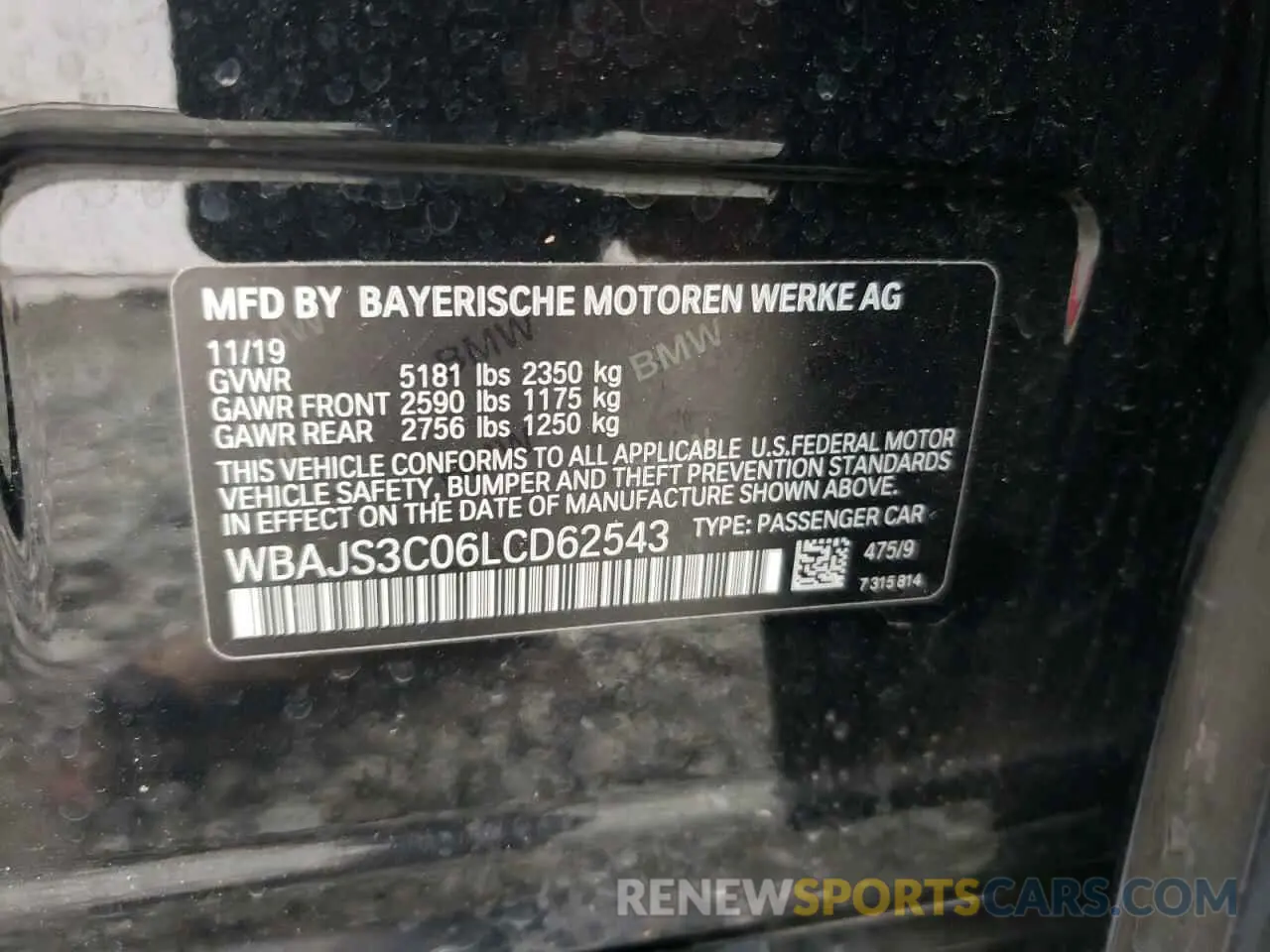 10 fotografías del automóvil dañado WBAJS3C06LCD62543 BMW 5 SERIES 2020