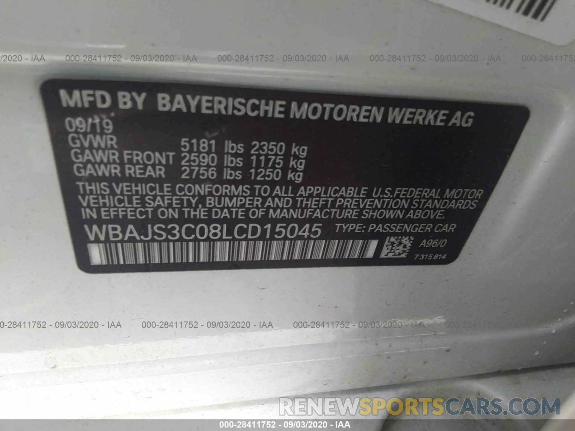 9 fotografías del automóvil dañado WBAJS3C08LCD15045 BMW 5 SERIES 2020