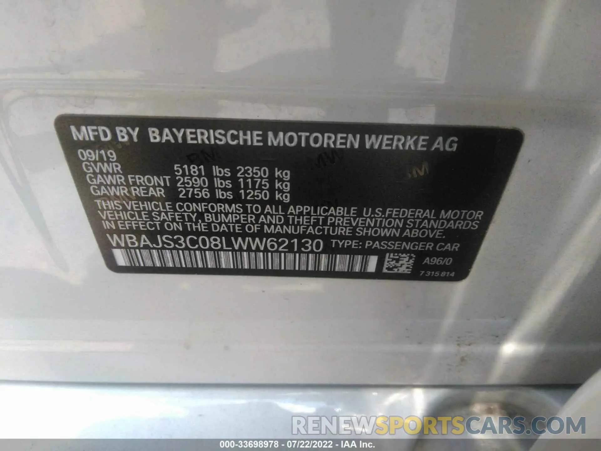 9 fotografías del automóvil dañado WBAJS3C08LWW62130 BMW 5 SERIES 2020