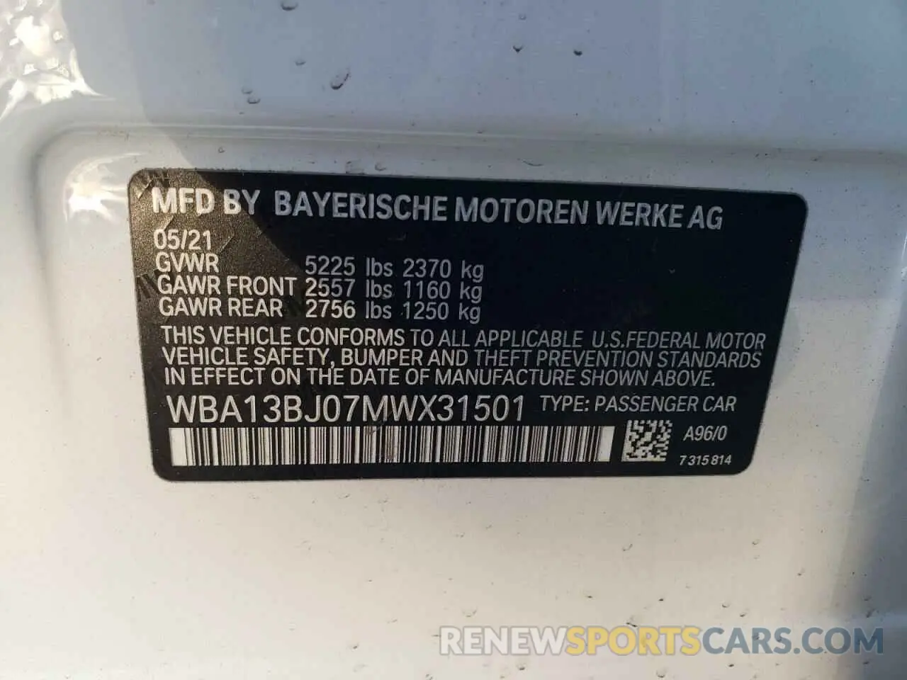 10 fotografías del automóvil dañado WBA13BJ07MWX31501 BMW 5 SERIES 2021