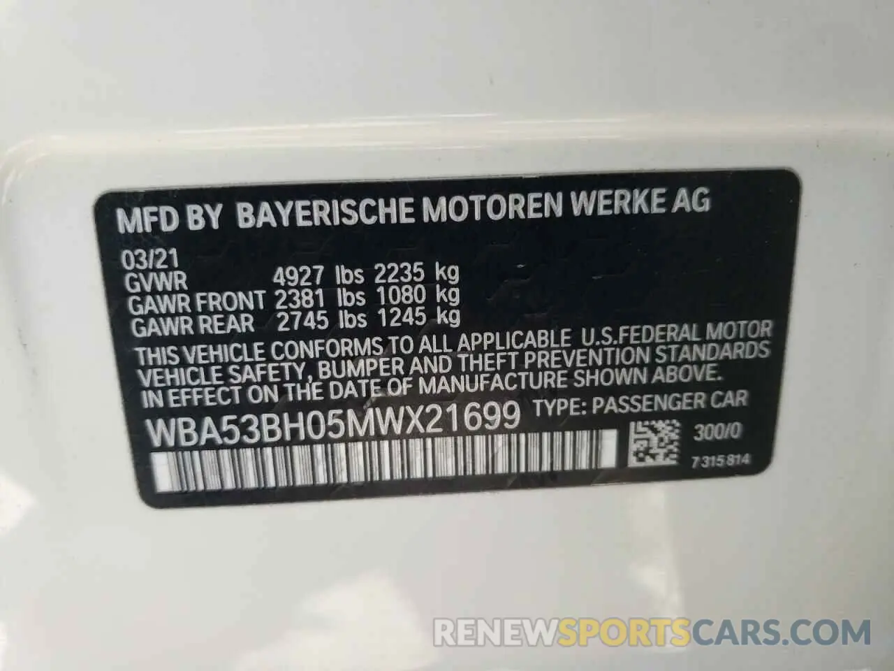 10 fotografías del automóvil dañado WBA53BH05MWX21699 BMW 5 SERIES 2021