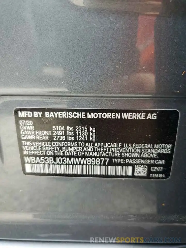 10 fotografías del automóvil dañado WBA53BJ03MWW89877 BMW 5 SERIES 2021