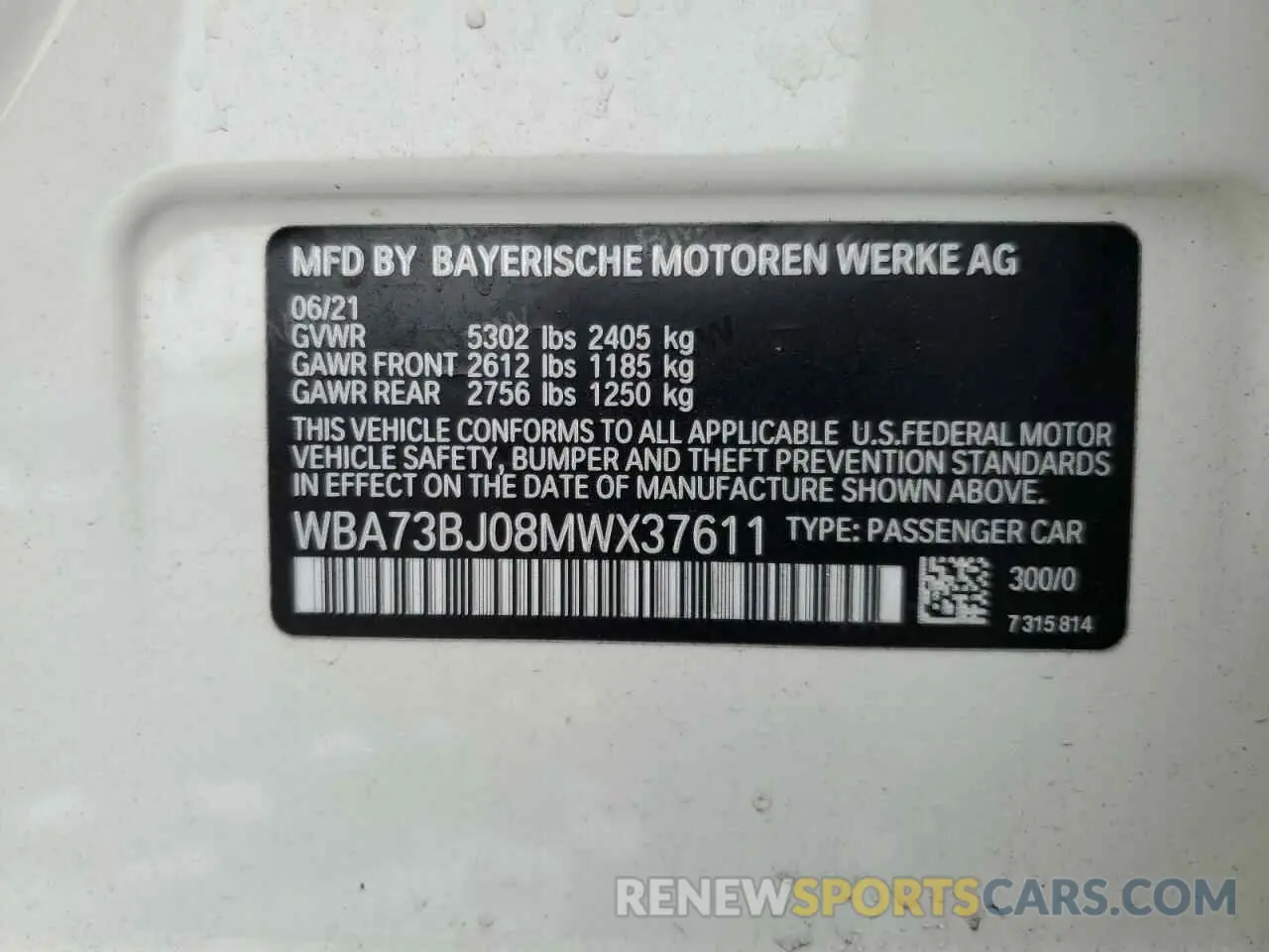 14 fotografías del automóvil dañado WBA73BJ08MWX37611 BMW 5 SERIES 2021