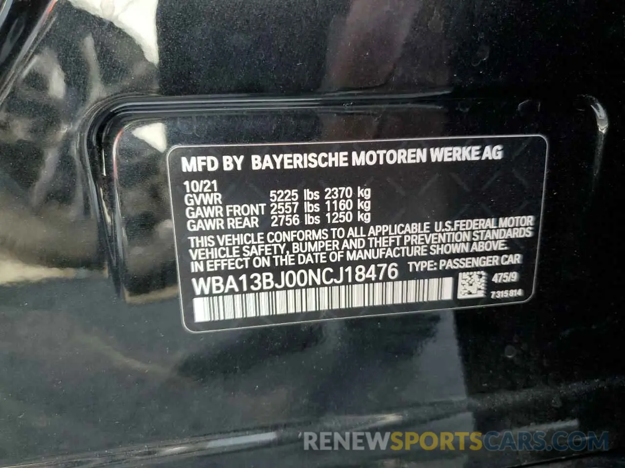 10 fotografías del automóvil dañado WBA13BJ00NCJ18476 BMW 5 SERIES 2022