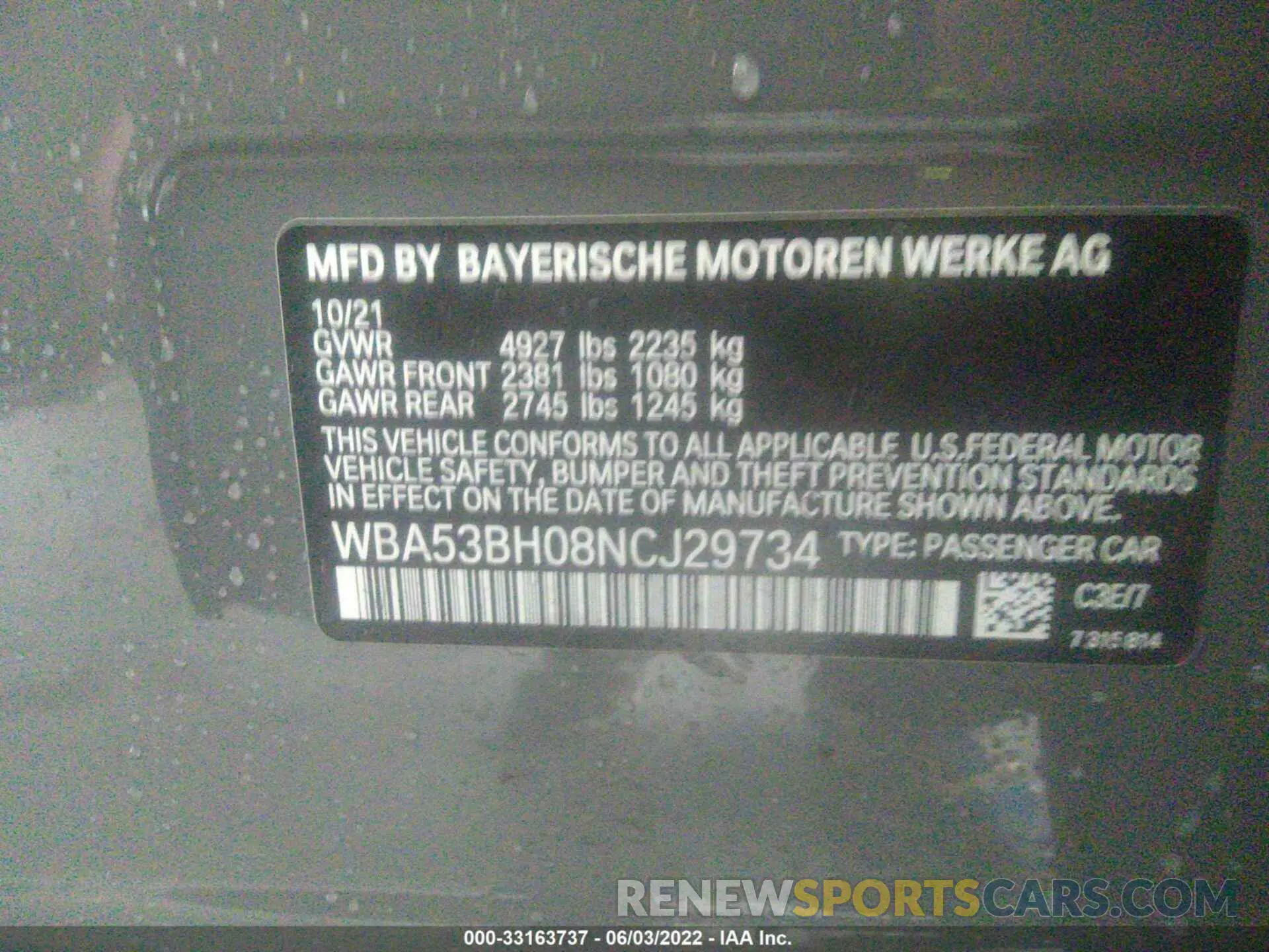 9 fotografías del automóvil dañado WBA53BH08NCJ29734 BMW 5 SERIES 2022
