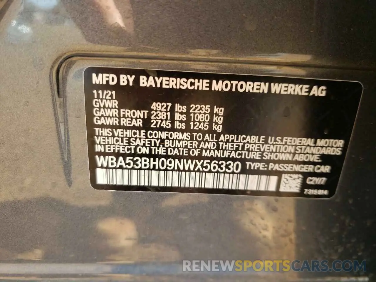 10 fotografías del automóvil dañado WBA53BH09NWX56330 BMW 5 SERIES 2022
