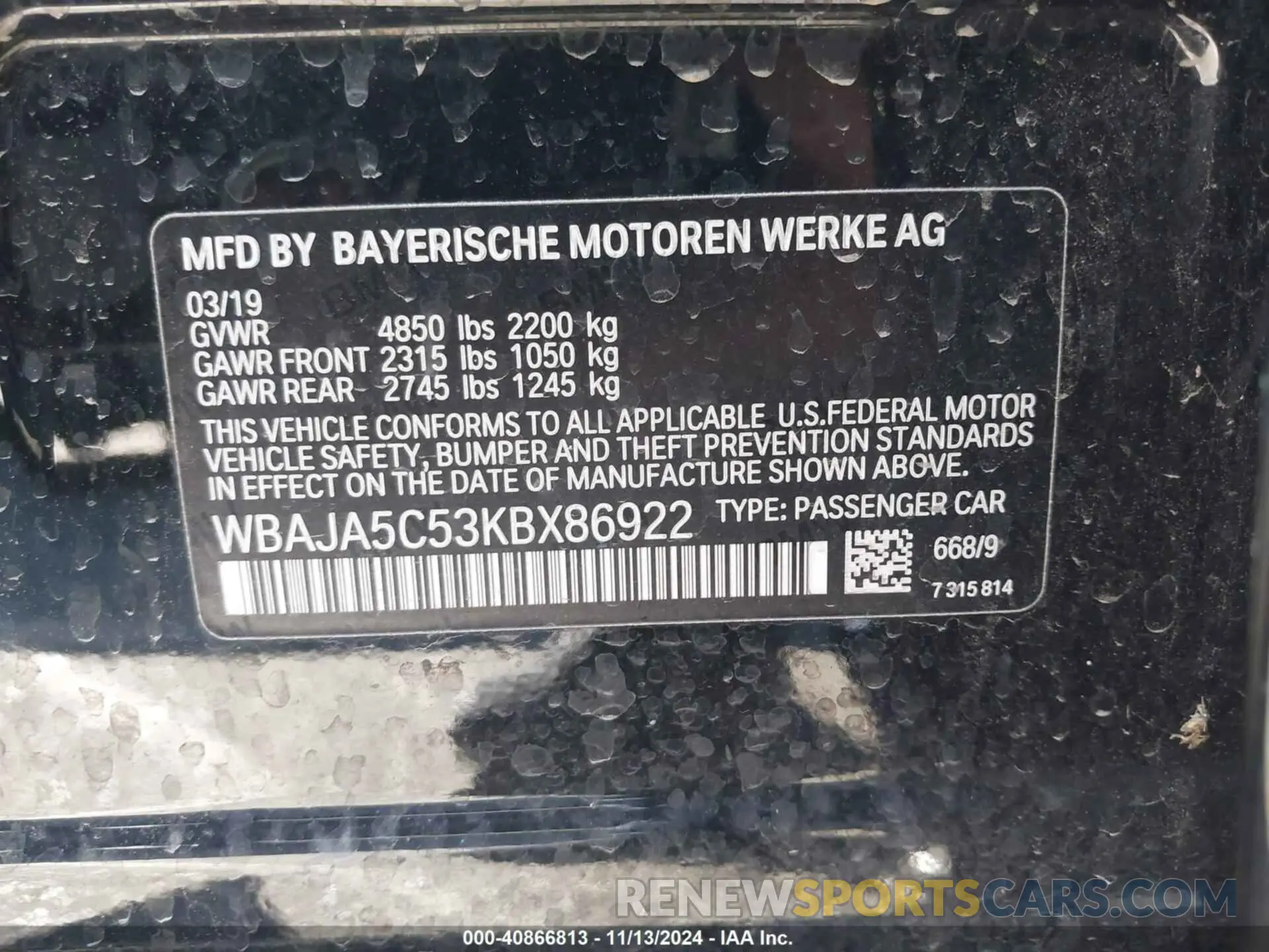 9 fotografías del automóvil dañado WBAJA5C53KBX86922 BMW 530I 2019