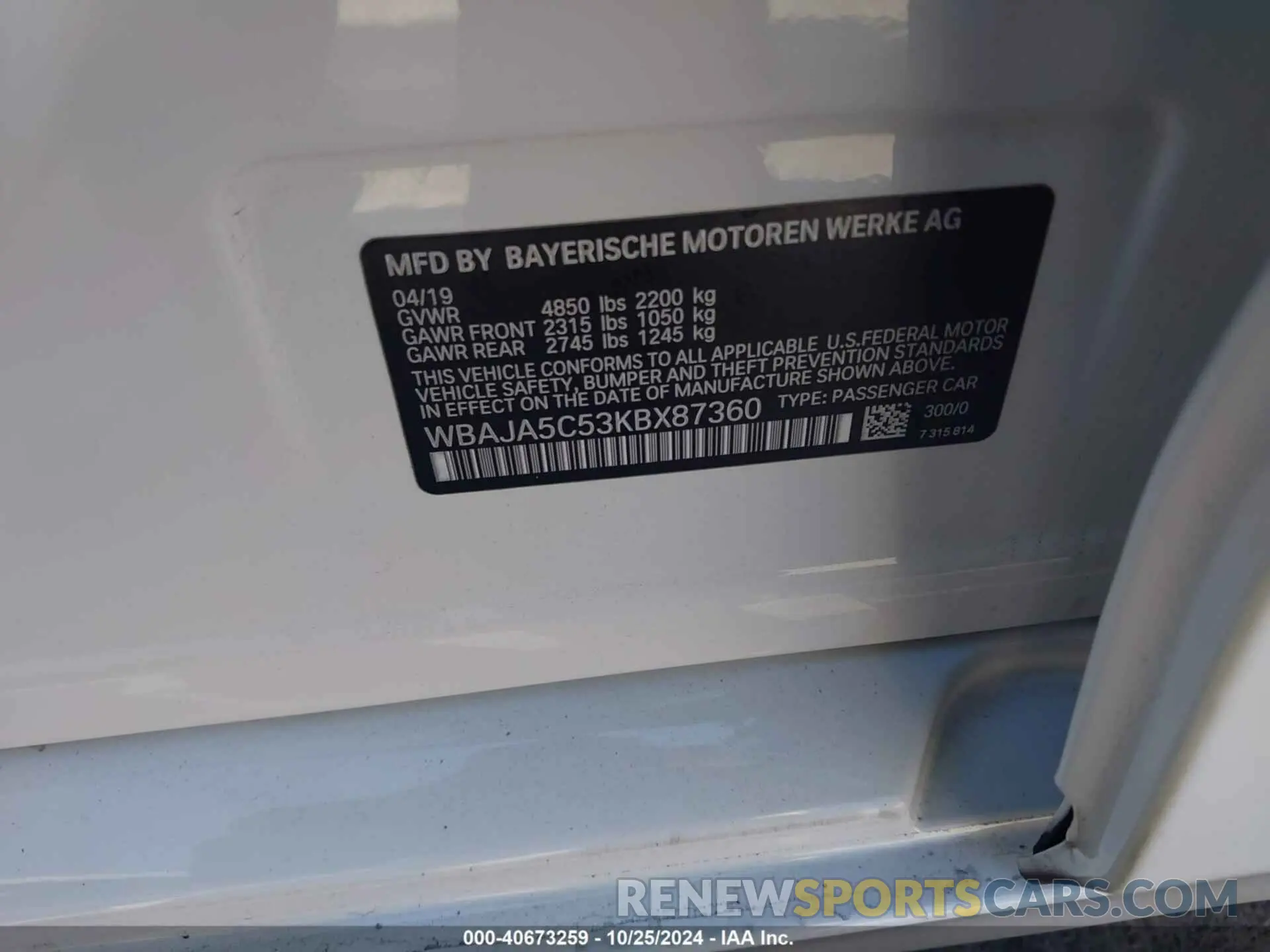 9 fotografías del automóvil dañado WBAJA5C53KBX87360 BMW 530I 2019