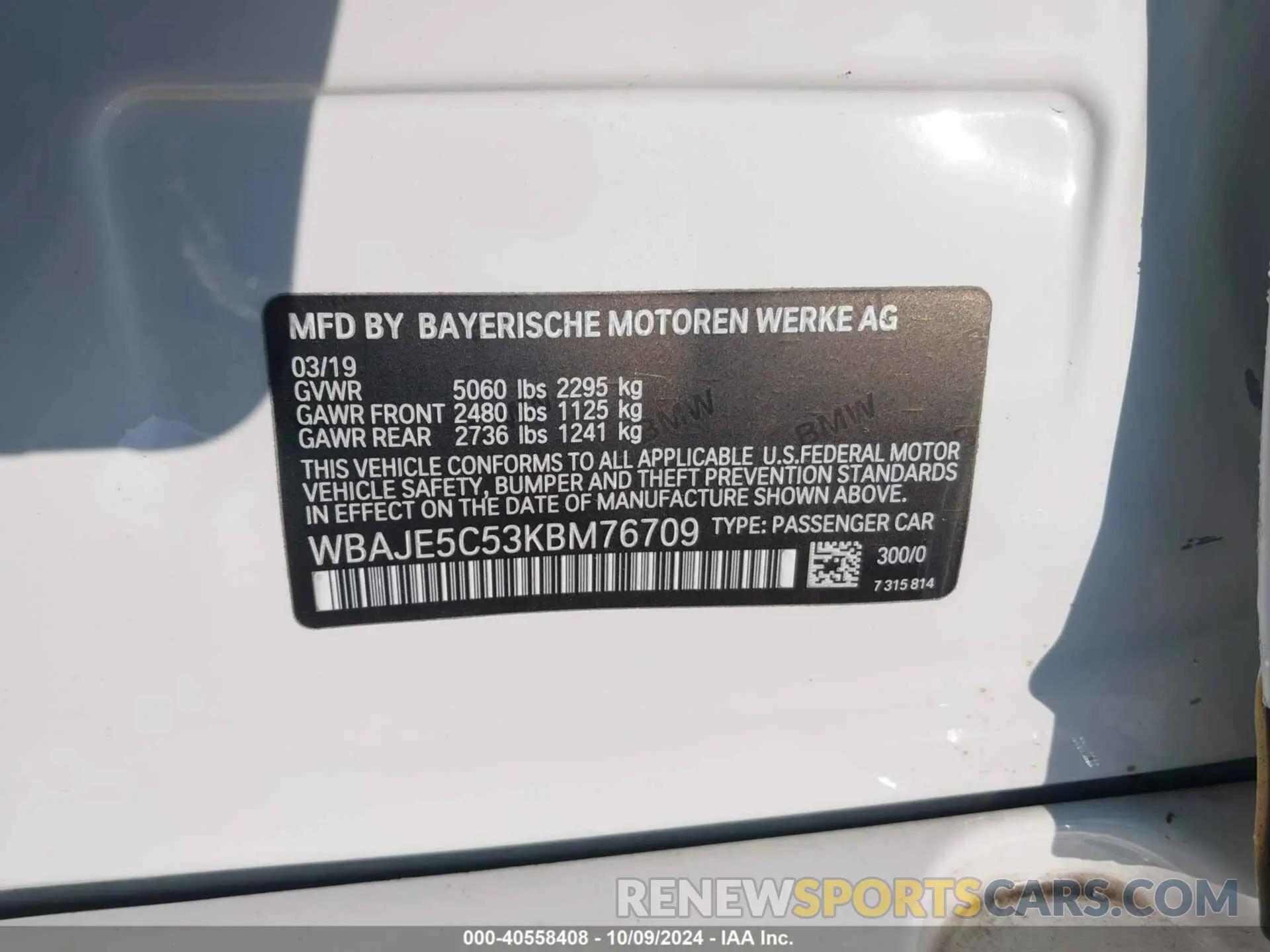 9 fotografías del automóvil dañado WBAJE5C53KBM76709 BMW 540 2019