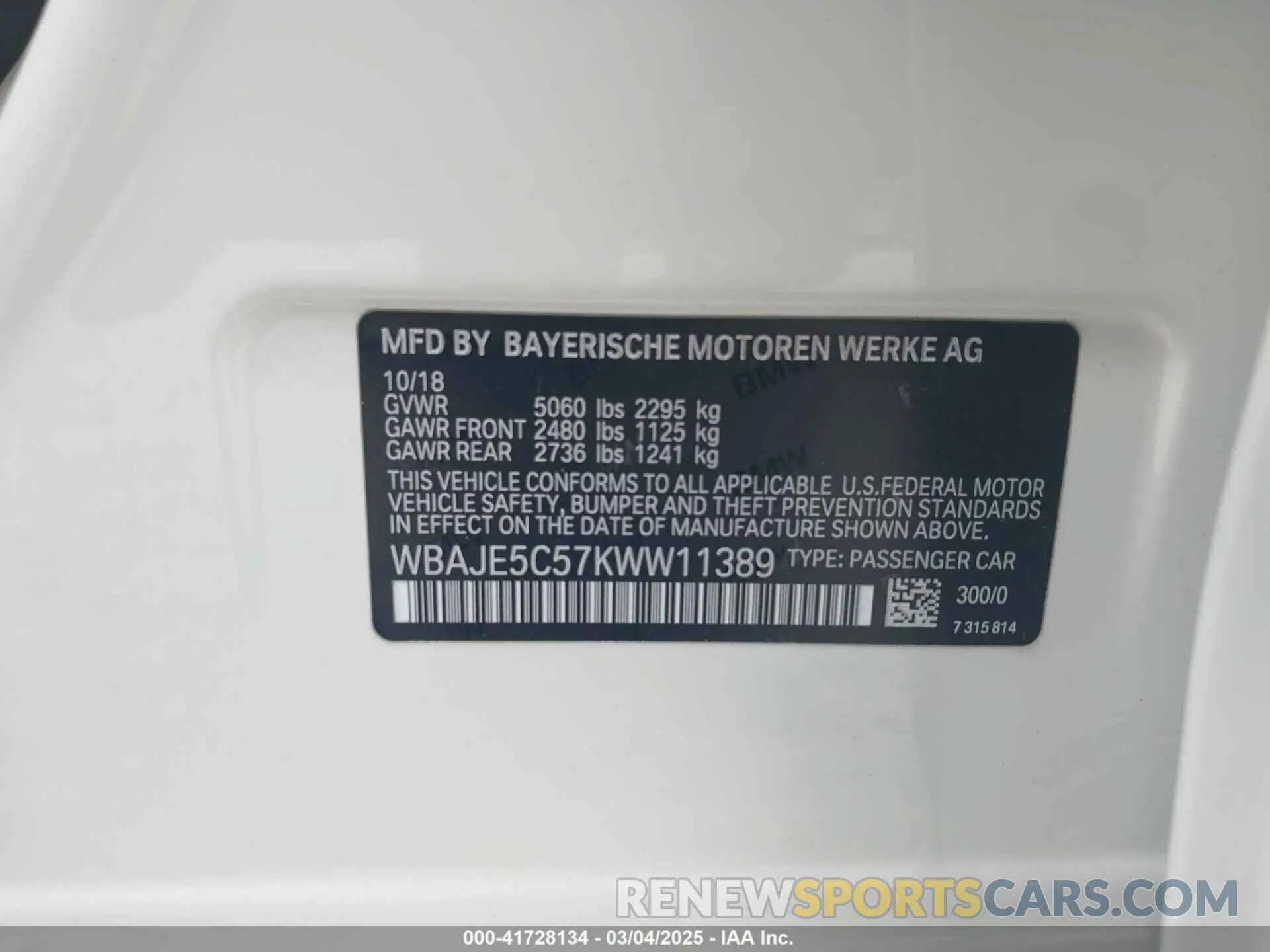 9 fotografías del automóvil dañado WBAJE5C57KWW11389 BMW 540I 2019