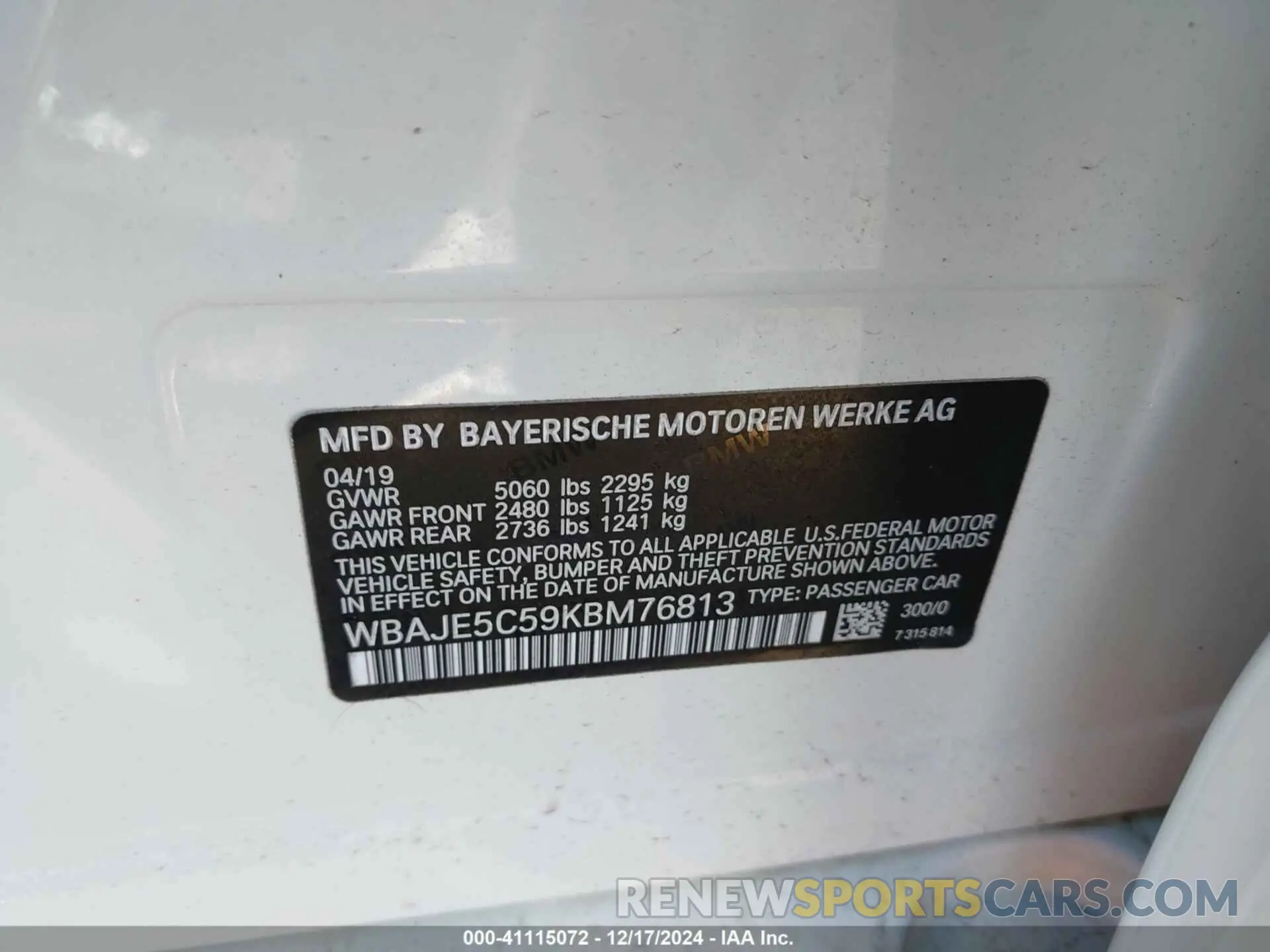 9 fotografías del automóvil dañado WBAJE5C59KBM76813 BMW 540I 2019