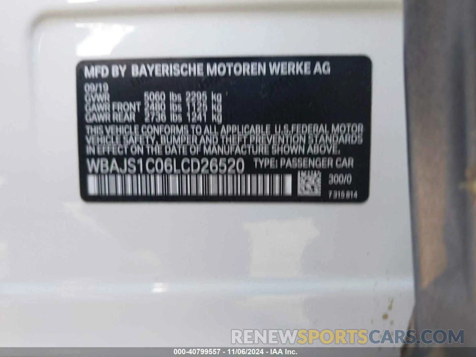 9 fotografías del automóvil dañado WBAJS1C06LCD26520 BMW 540I 2020