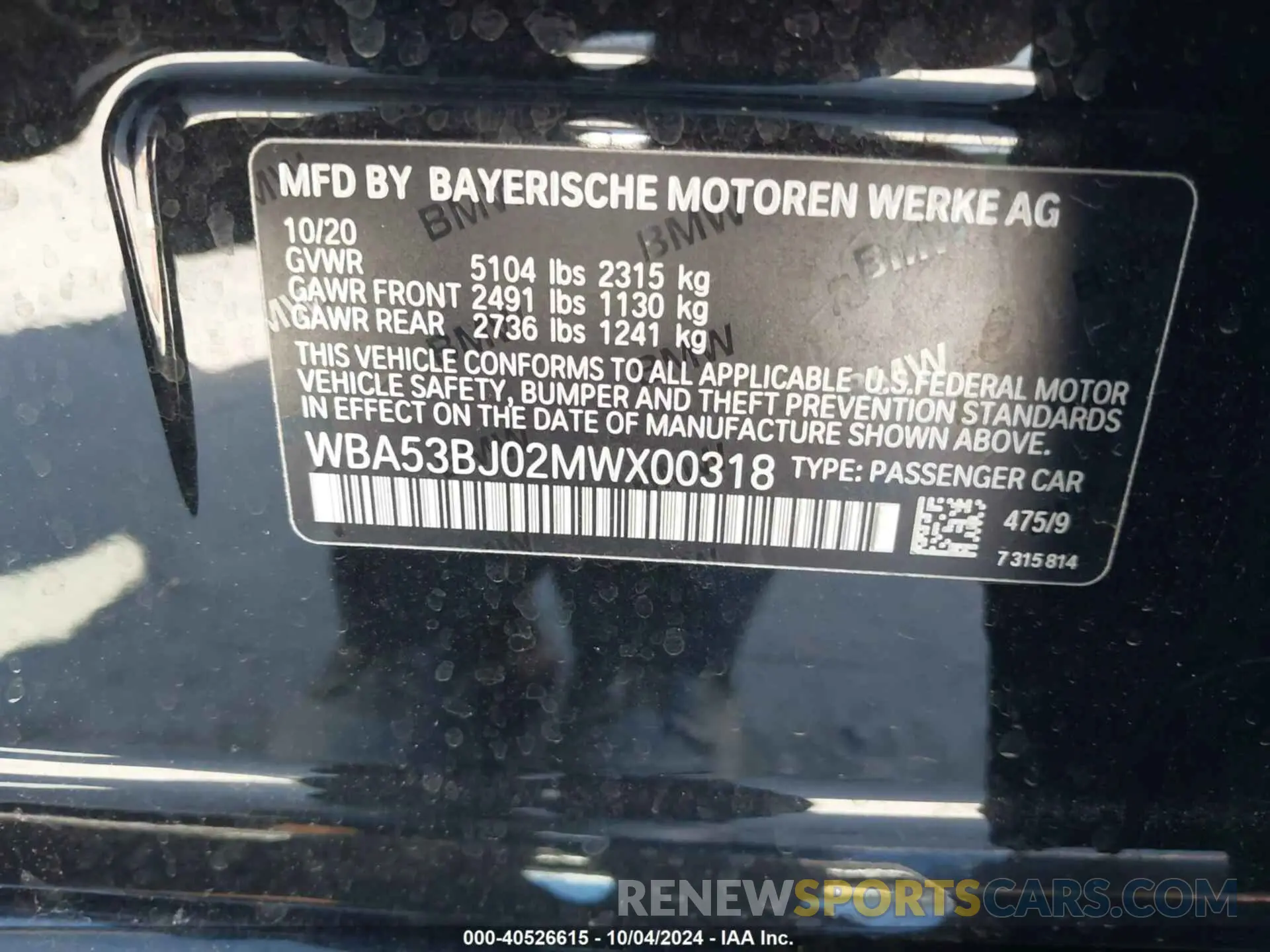 9 fotografías del automóvil dañado WBA53BJ02MWX00318 BMW 540I 2021