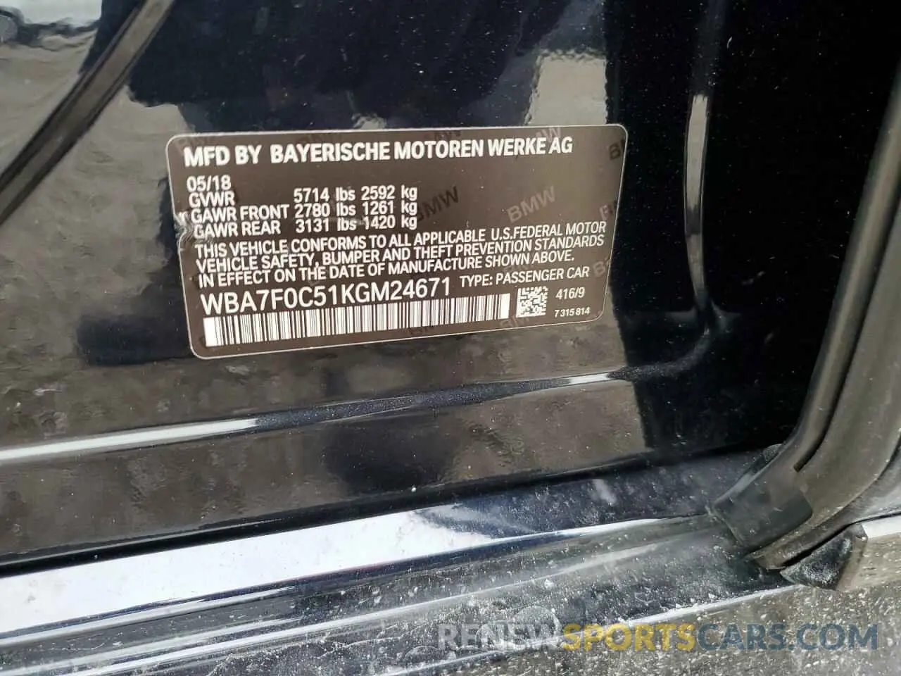 10 fotografías del automóvil dañado WBA7F0C51KGM24671 BMW 7 SERIES 2019