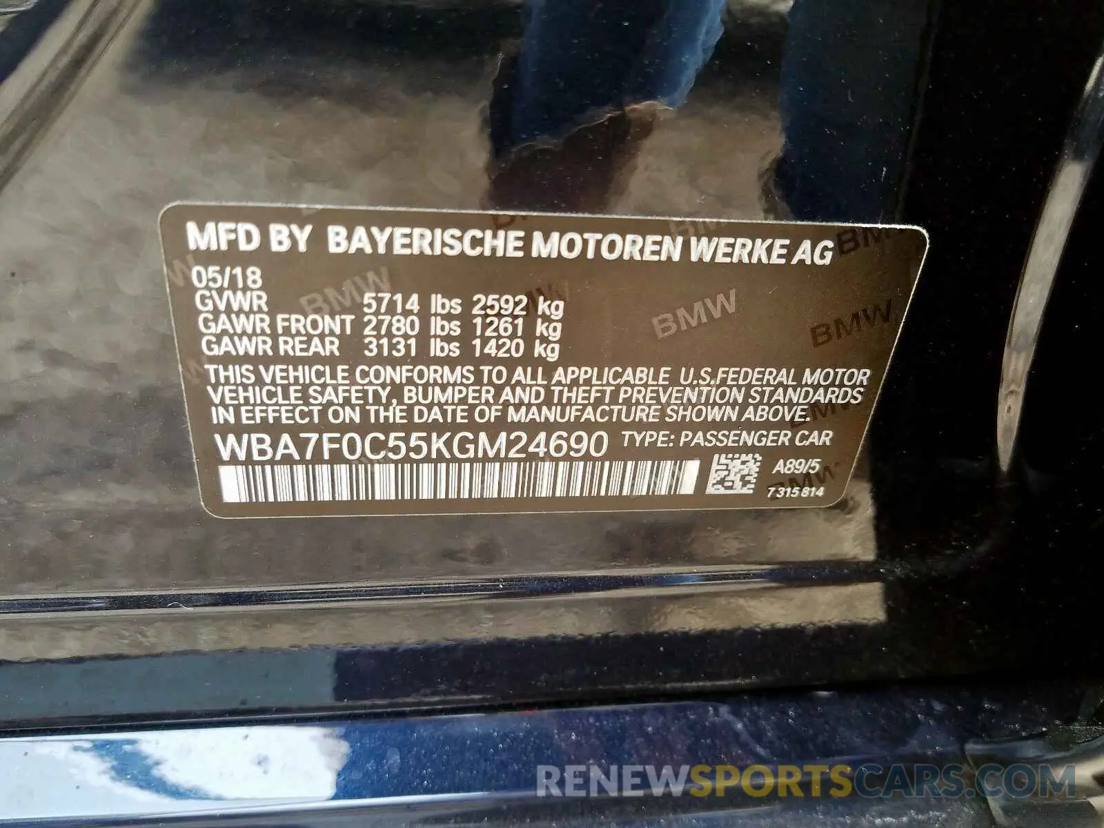 10 fotografías del automóvil dañado WBA7F0C55KGM24690 BMW 7 SERIES 2019