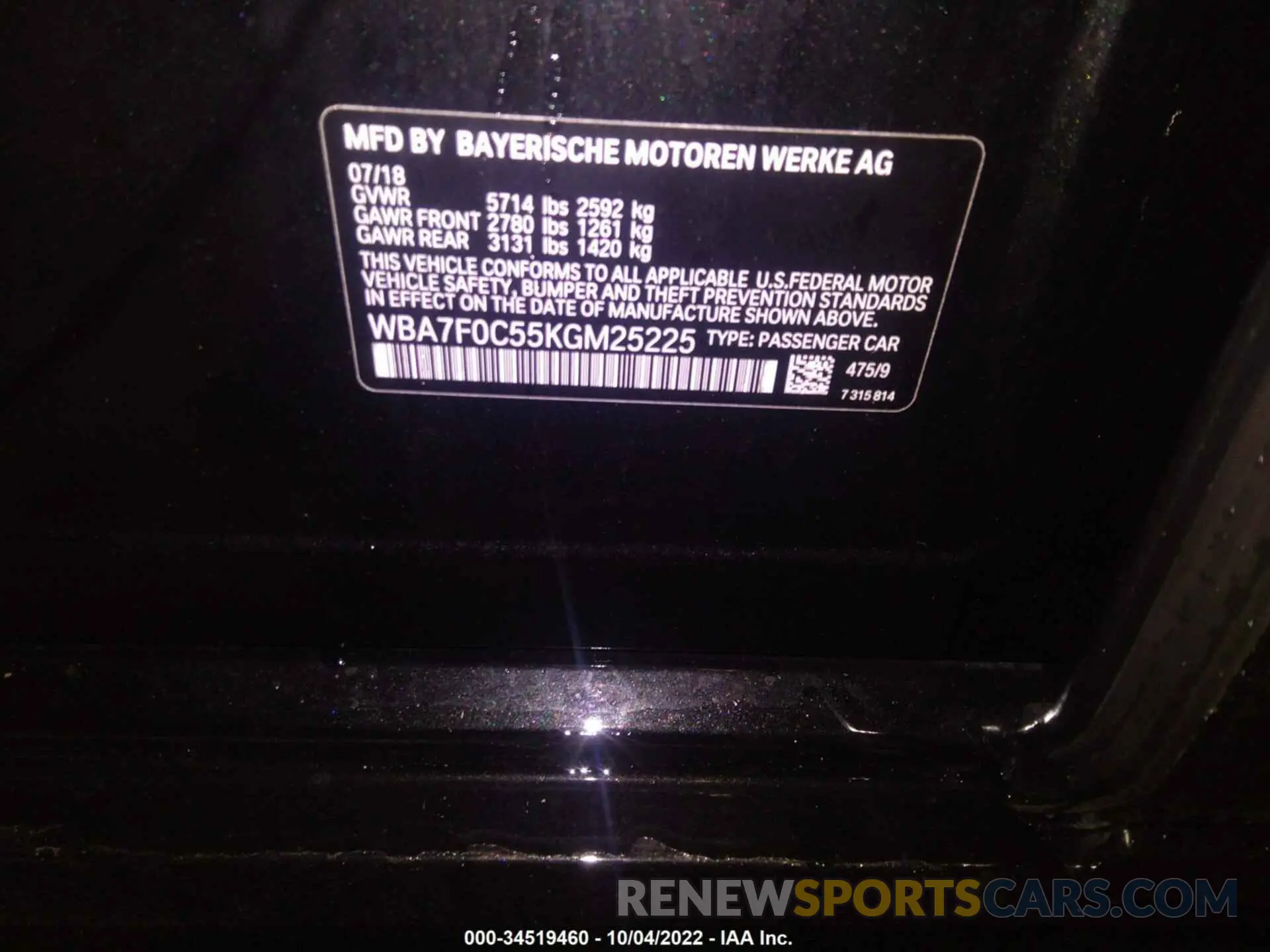 9 fotografías del automóvil dañado WBA7F0C55KGM25225 BMW 7 SERIES 2019