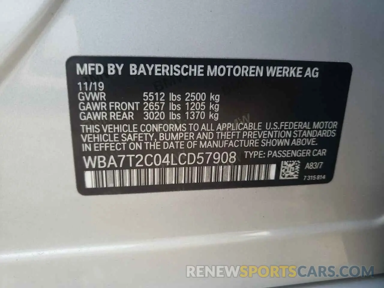 10 fotografías del automóvil dañado WBA7T2C04LCD57908 BMW 7 SERIES 2020