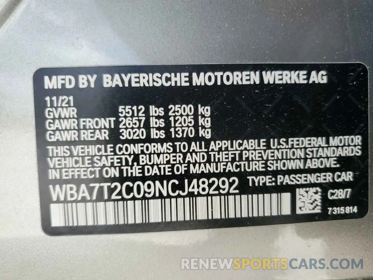 12 fotografías del automóvil dañado WBA7T2C09NCJ48292 BMW 7 SERIES 2022