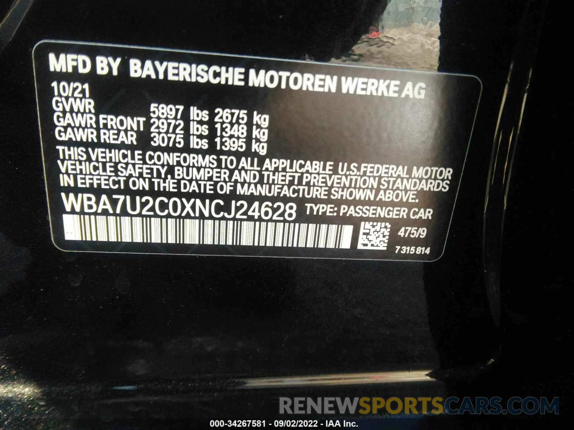9 fotografías del automóvil dañado WBA7U2C0XNCJ24628 BMW 7 SERIES 2022