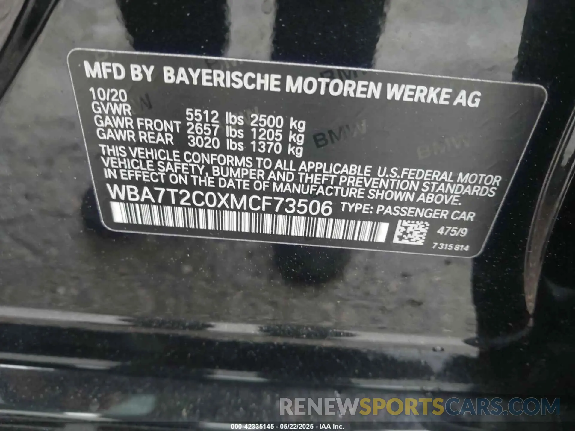 9 fotografías del automóvil dañado WBA7T2C0XMCF73506 BMW 740I 2021