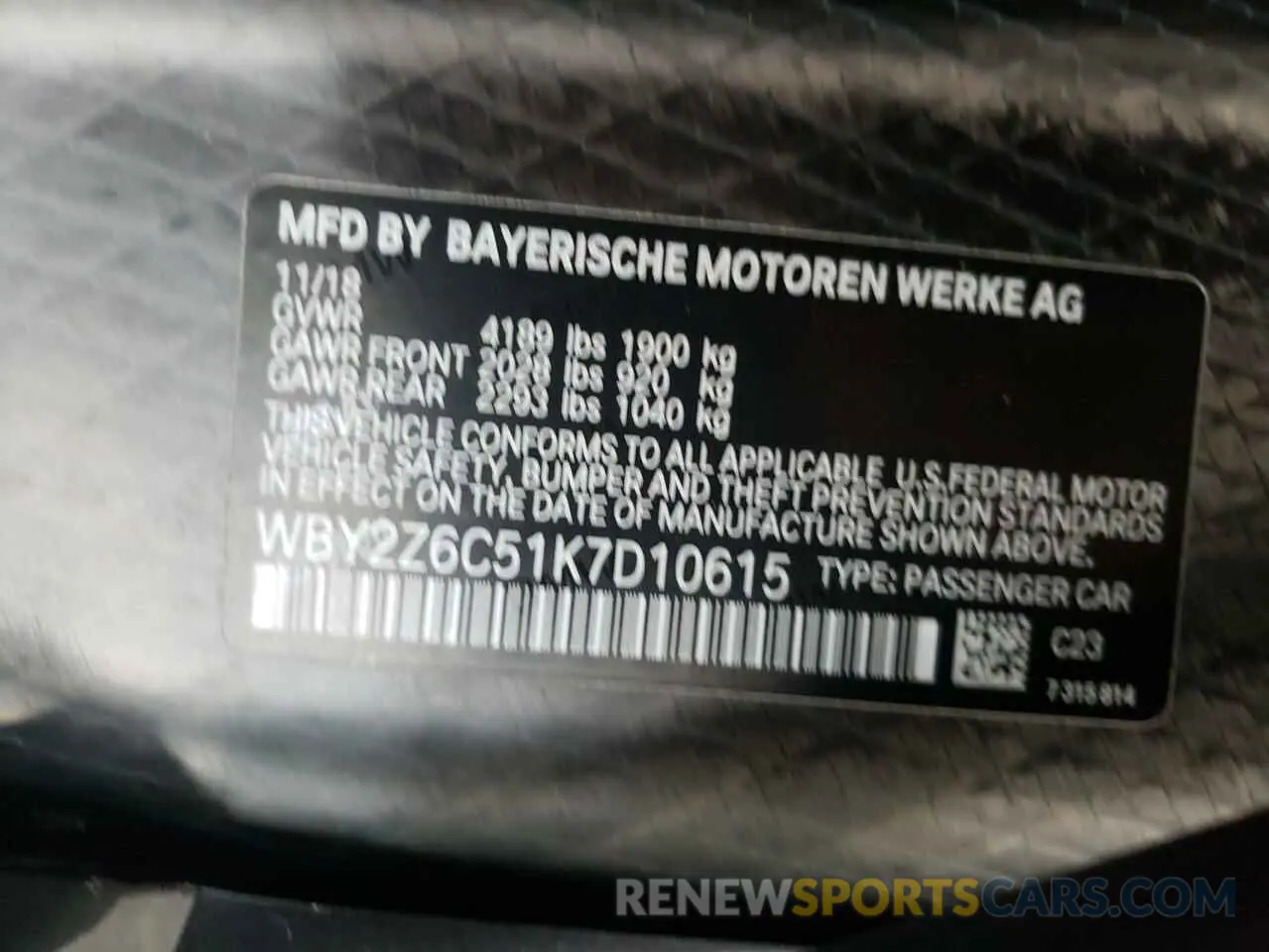 10 fotografías del automóvil dañado WBY2Z6C51K7D10615 BMW I SERIES 2019