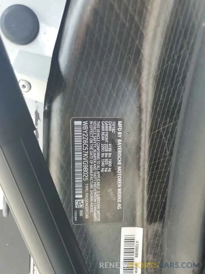 12 fotografías del automóvil dañado WBY2Z6C57KVG98025 BMW I SERIES 2019