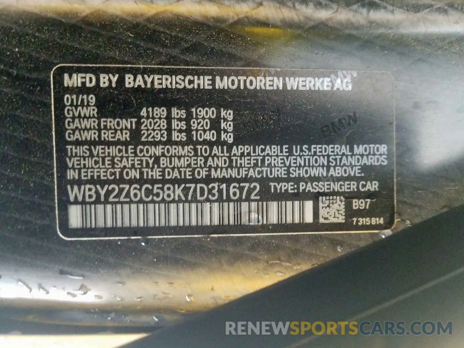 10 fotografías del automóvil dañado WBY2Z6C58K7D31672 BMW I SERIES 2019