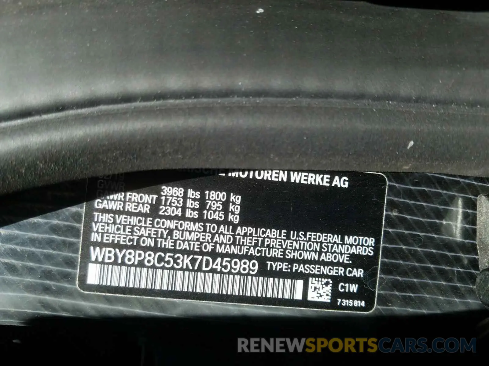 10 fotografías del automóvil dañado WBY8P8C53K7D45989 BMW I SERIES 2019