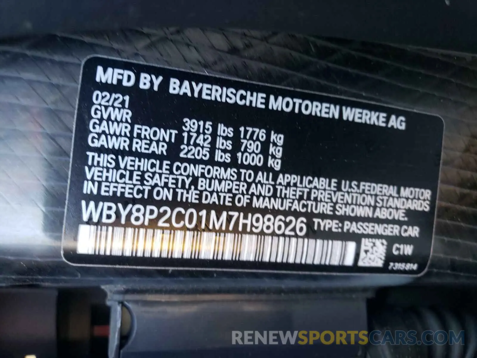 10 fotografías del automóvil dañado WBY8P2C01M7H98626 BMW I SERIES 2021