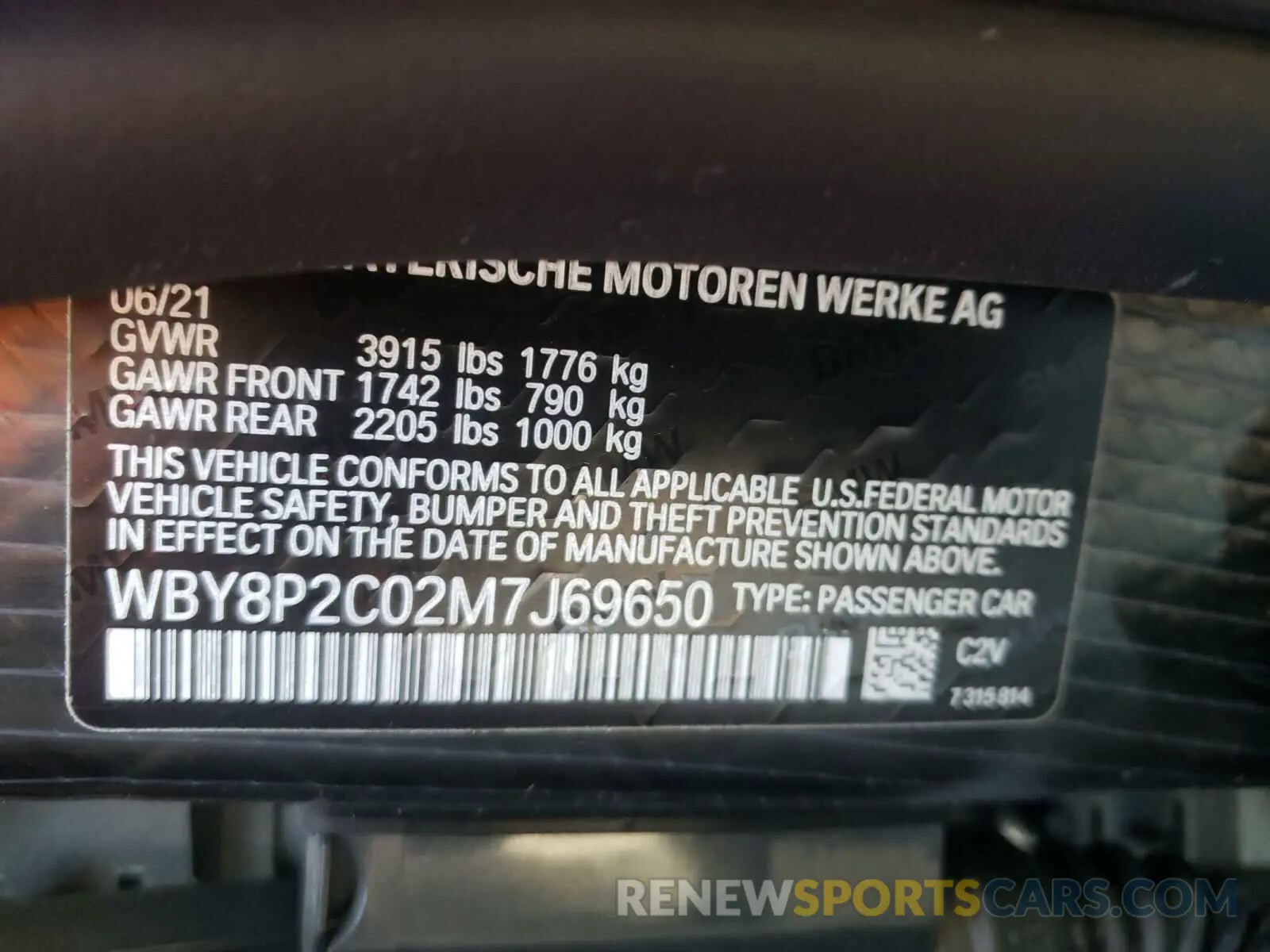 10 fotografías del automóvil dañado WBY8P2C02M7J69650 BMW I SERIES 2021