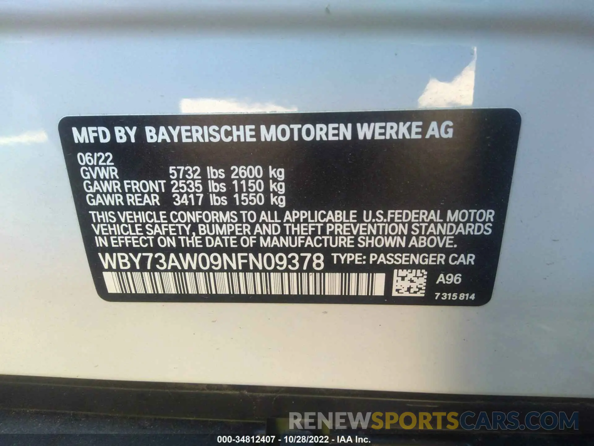 9 fotografías del automóvil dañado WBY73AW09NFN09378 BMW I4 2022
