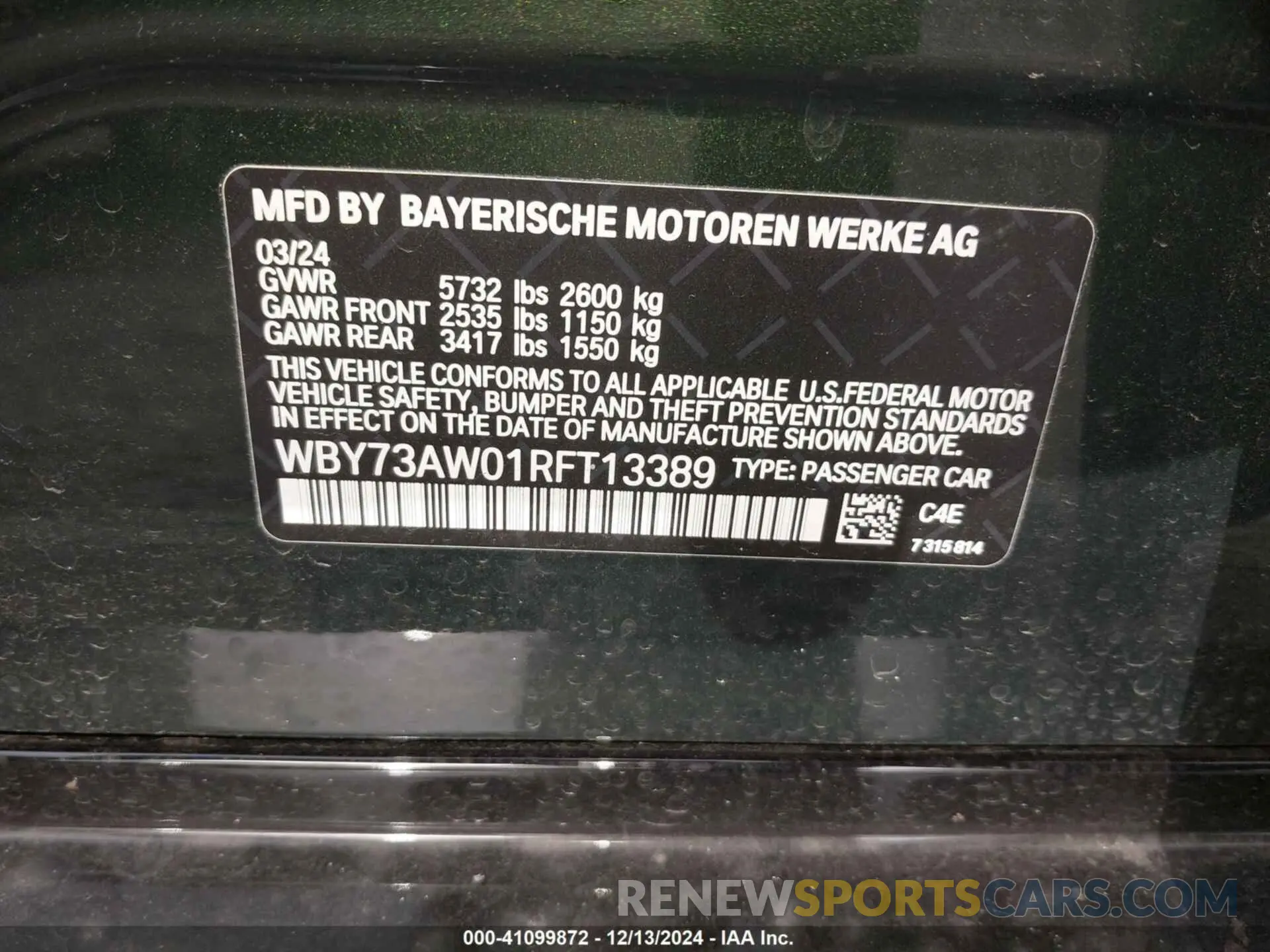 9 fotografías del automóvil dañado WBY73AW01RFT13389 BMW I4 2024