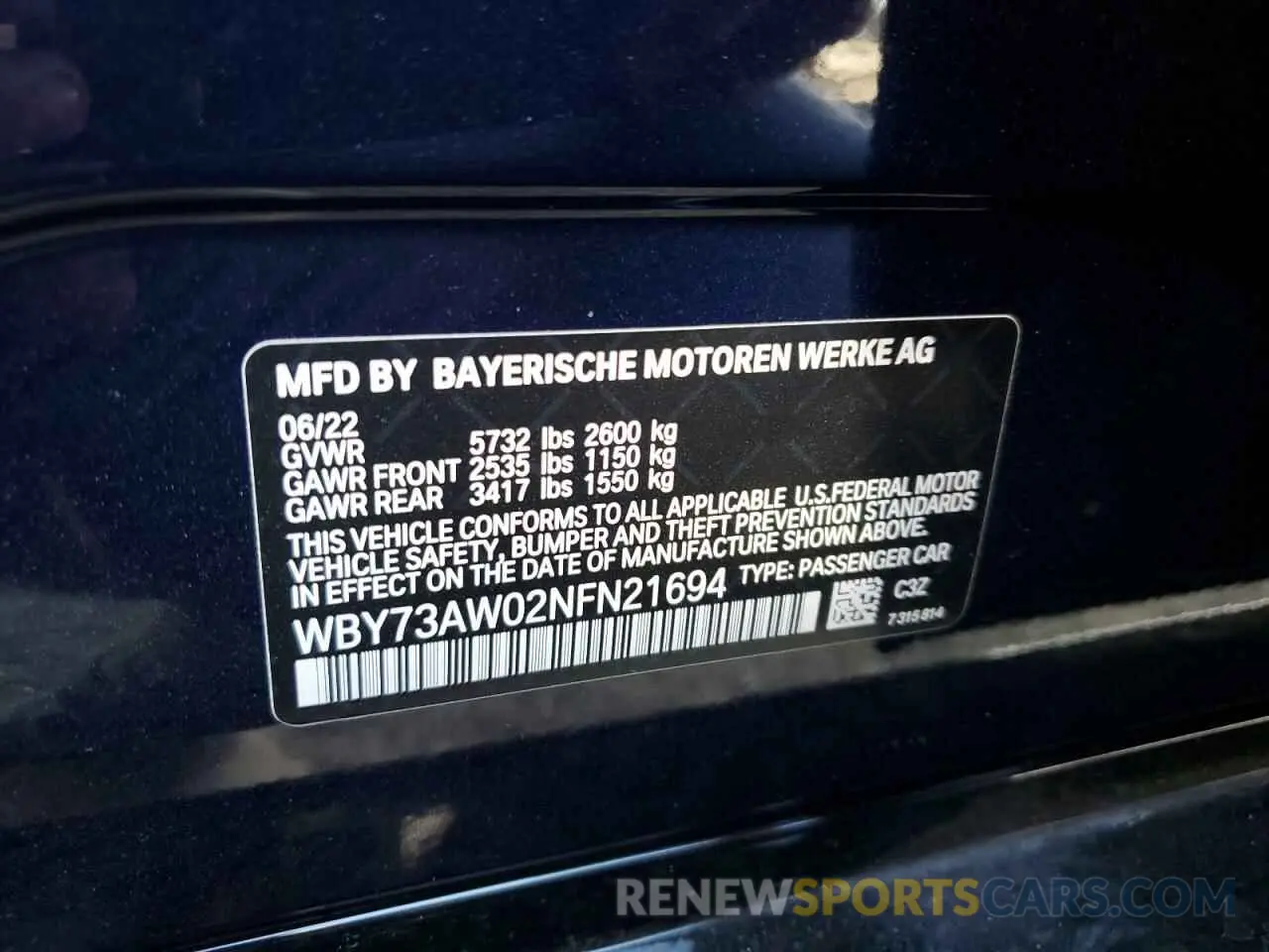 12 fotografías del automóvil dañado WBY73AW02NFN21694 BMW I4 EDRIVE 2022