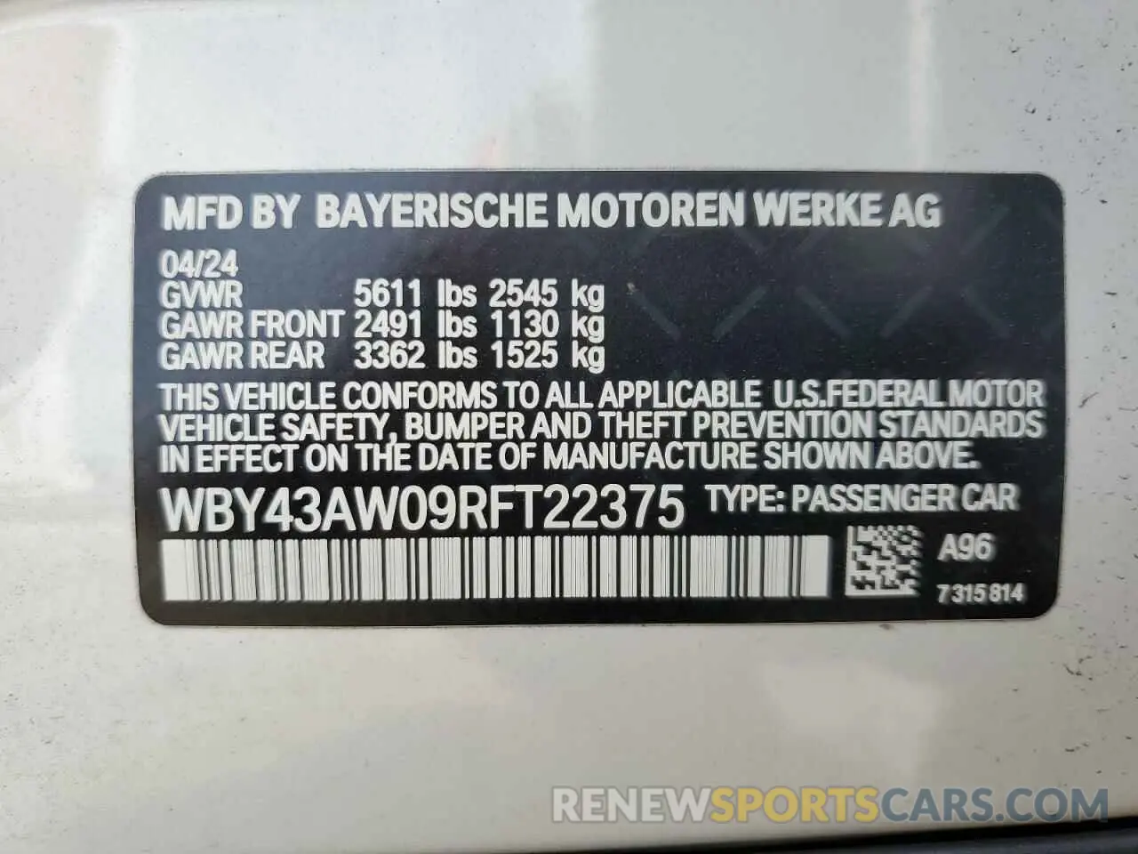 12 fotografías del automóvil dañado WBY43AW09RFT22375 BMW I4 EDRIVE 2024