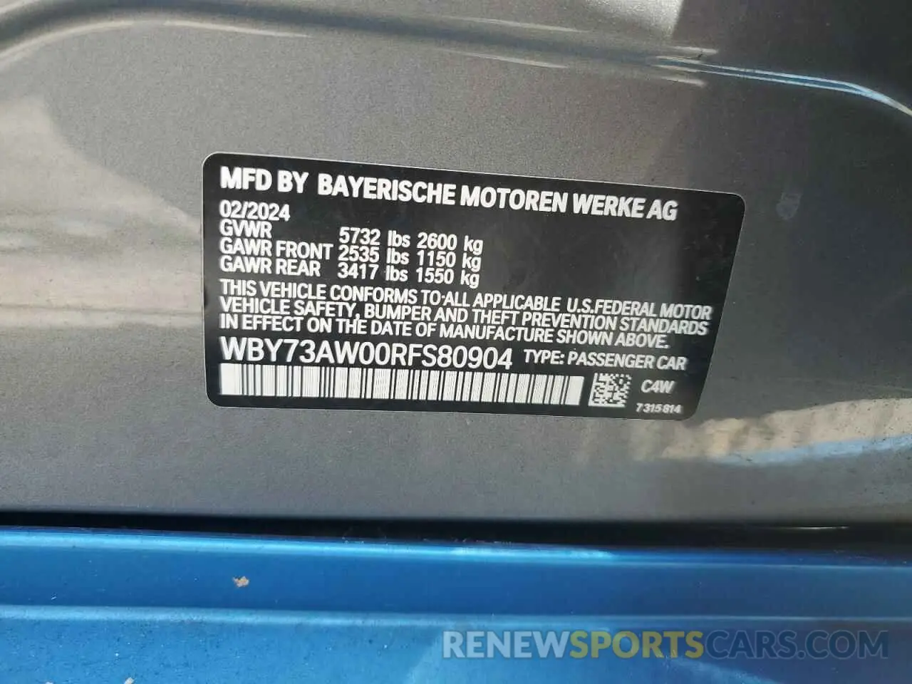 12 fotografías del automóvil dañado WBY73AW00RFS80904 BMW I4 EDRIVE 2024