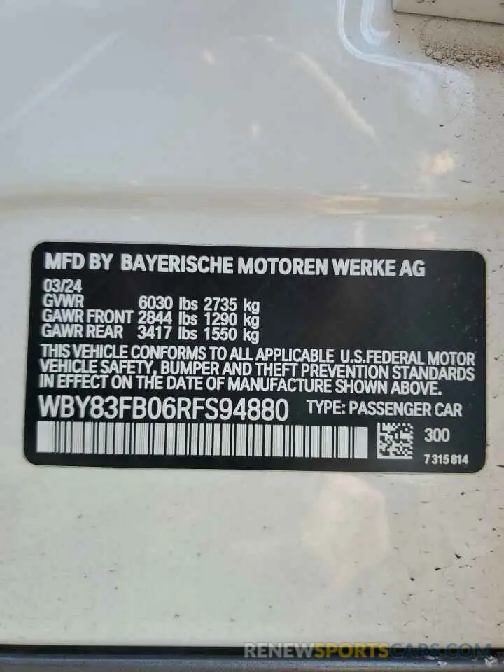 12 fotografías del automóvil dañado WBY83FB06RFS94880 BMW I4 XDRIVE 2024