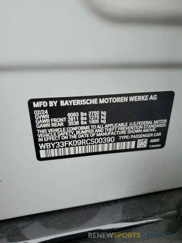 12 fotografías del automóvil dañado WBY33FK09RCS00390 BMW I5 EDRIVE 2024