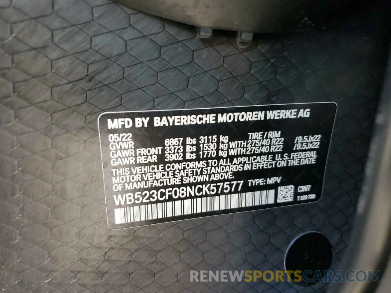 10 fotografías del automóvil dañado WB523CF08NCK57577 BMW IX XDRIVE5 2022