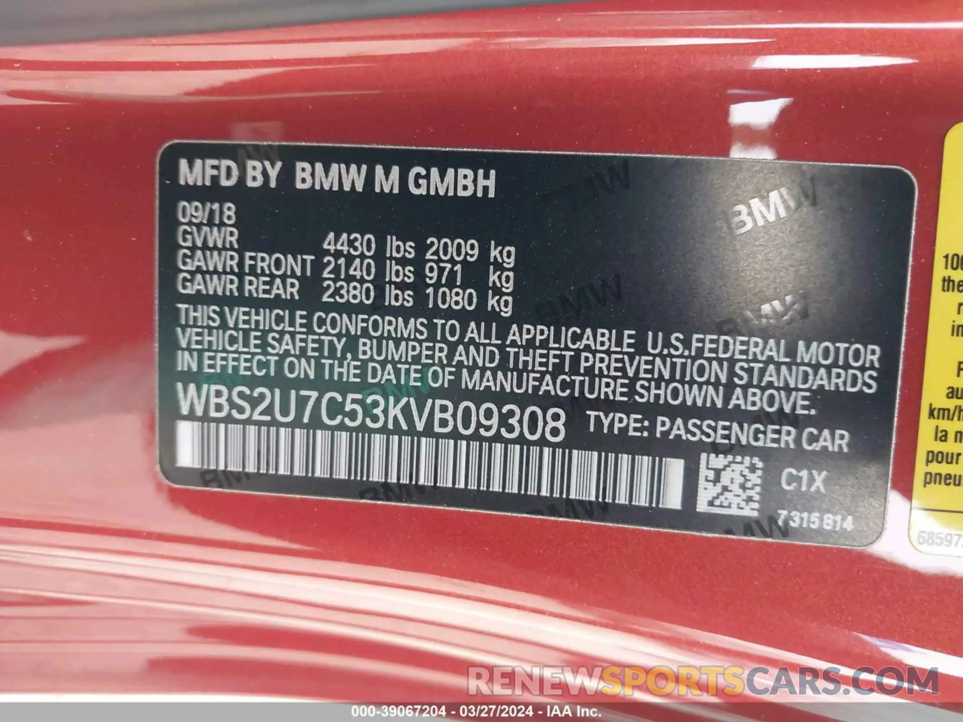 9 fotografías del automóvil dañado WBS2U7C53KVB09308 BMW M2 2019