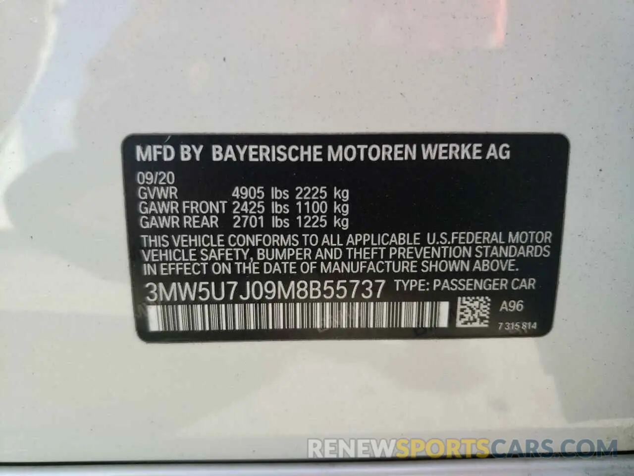 10 fotografías del automóvil dañado 3MW5U7J09M8B55737 BMW M3 2021