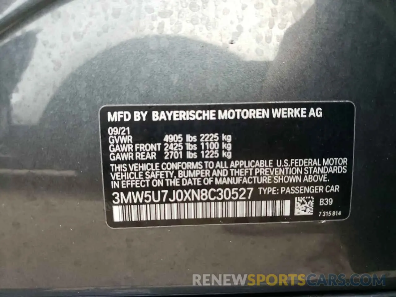 10 fotografías del automóvil dañado 3MW5U7J0XN8C30527 BMW M3 2022
