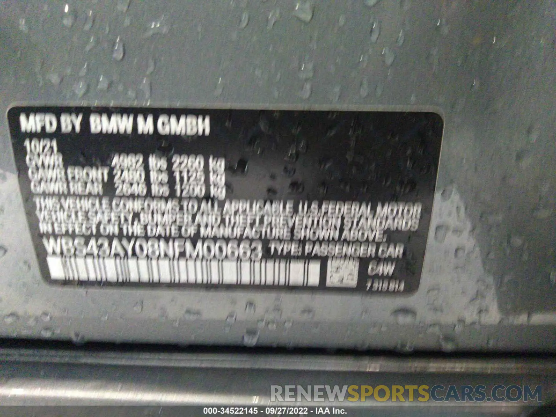 9 fotografías del automóvil dañado WBS43AY08NFM00663 BMW M3 2022