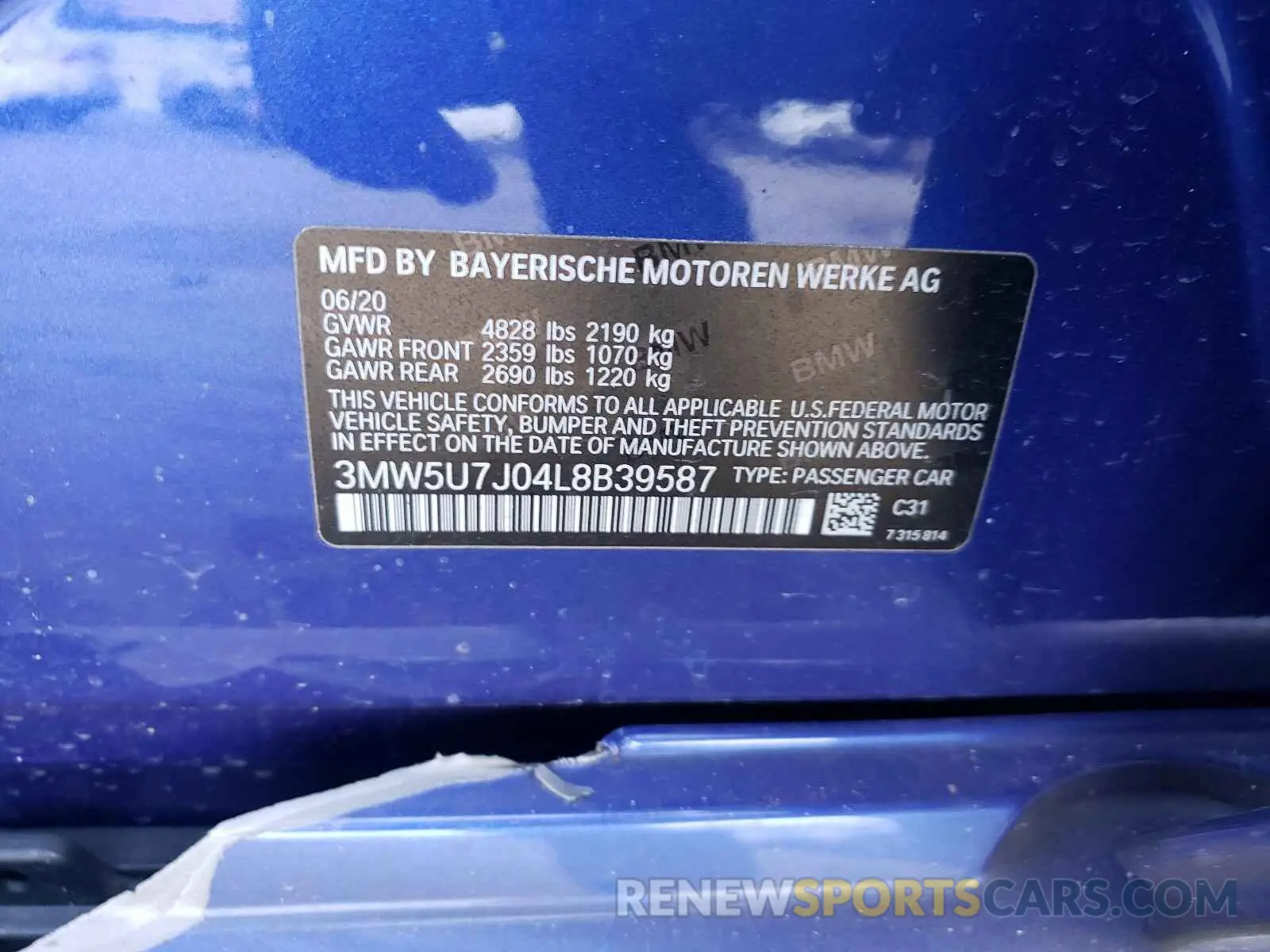 10 fotografías del automóvil dañado 3MW5U7J04L8B39587 BMW M340I 2020