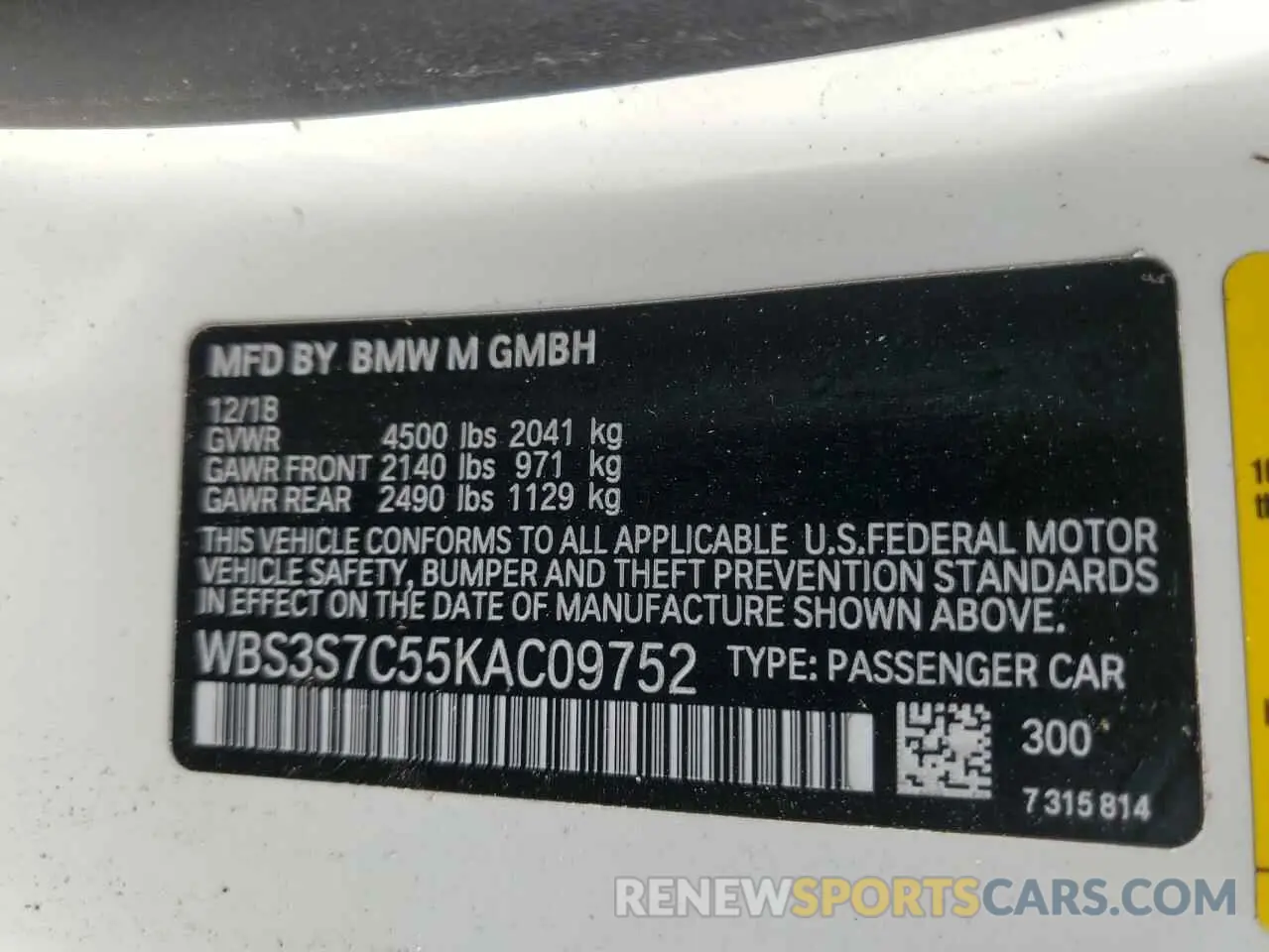 12 fotografías del automóvil dañado WBS3S7C55KAC09752 BMW M4 2019